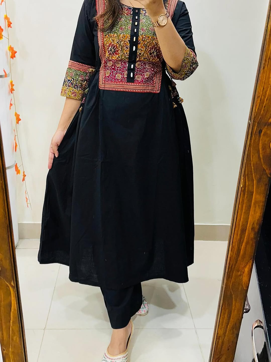 Cotton Flared Kurti Palazzo Set with Mirror Work & Tassels