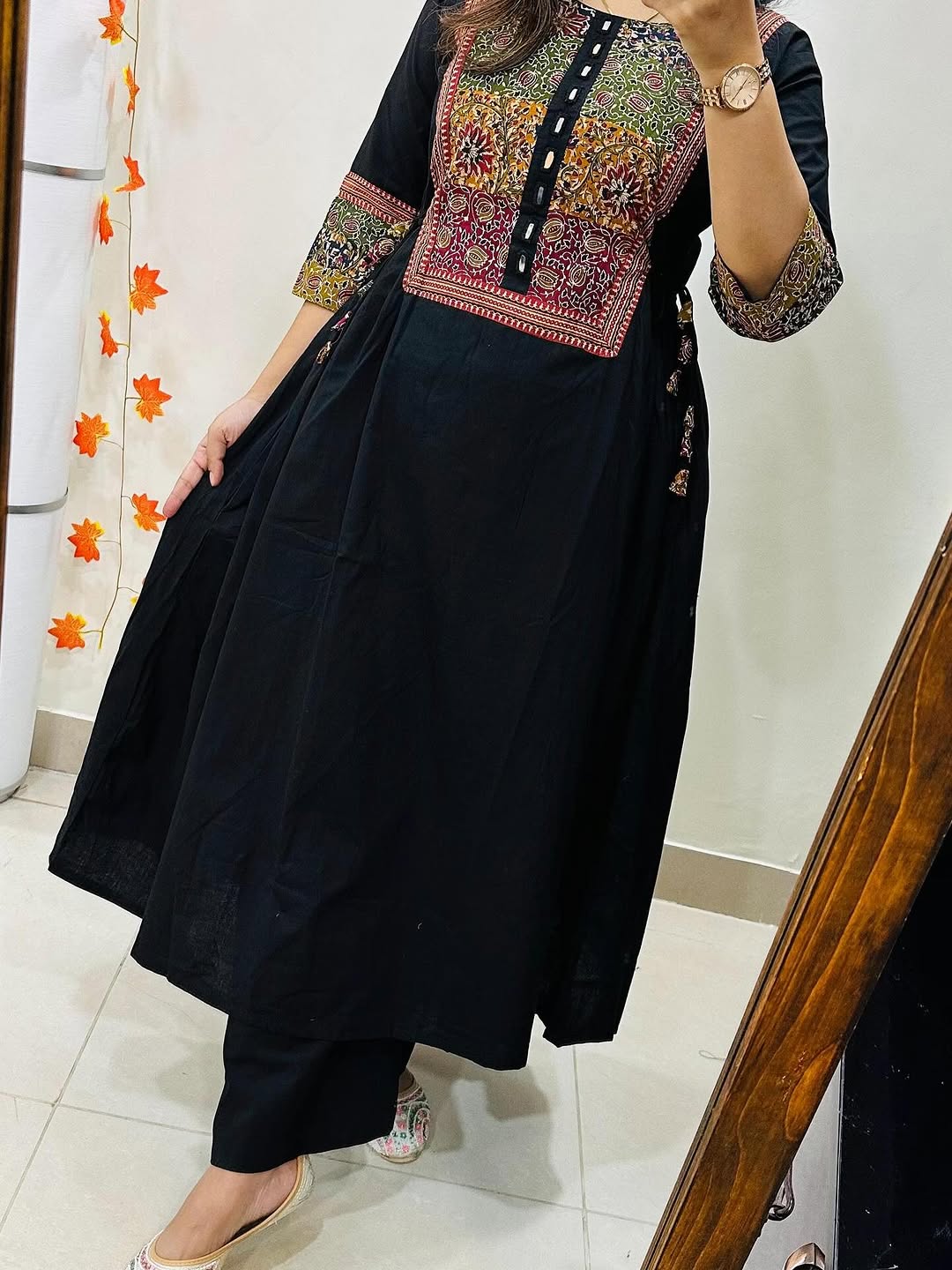Cotton Flared Kurti Palazzo Set with Mirror Work & Tassels