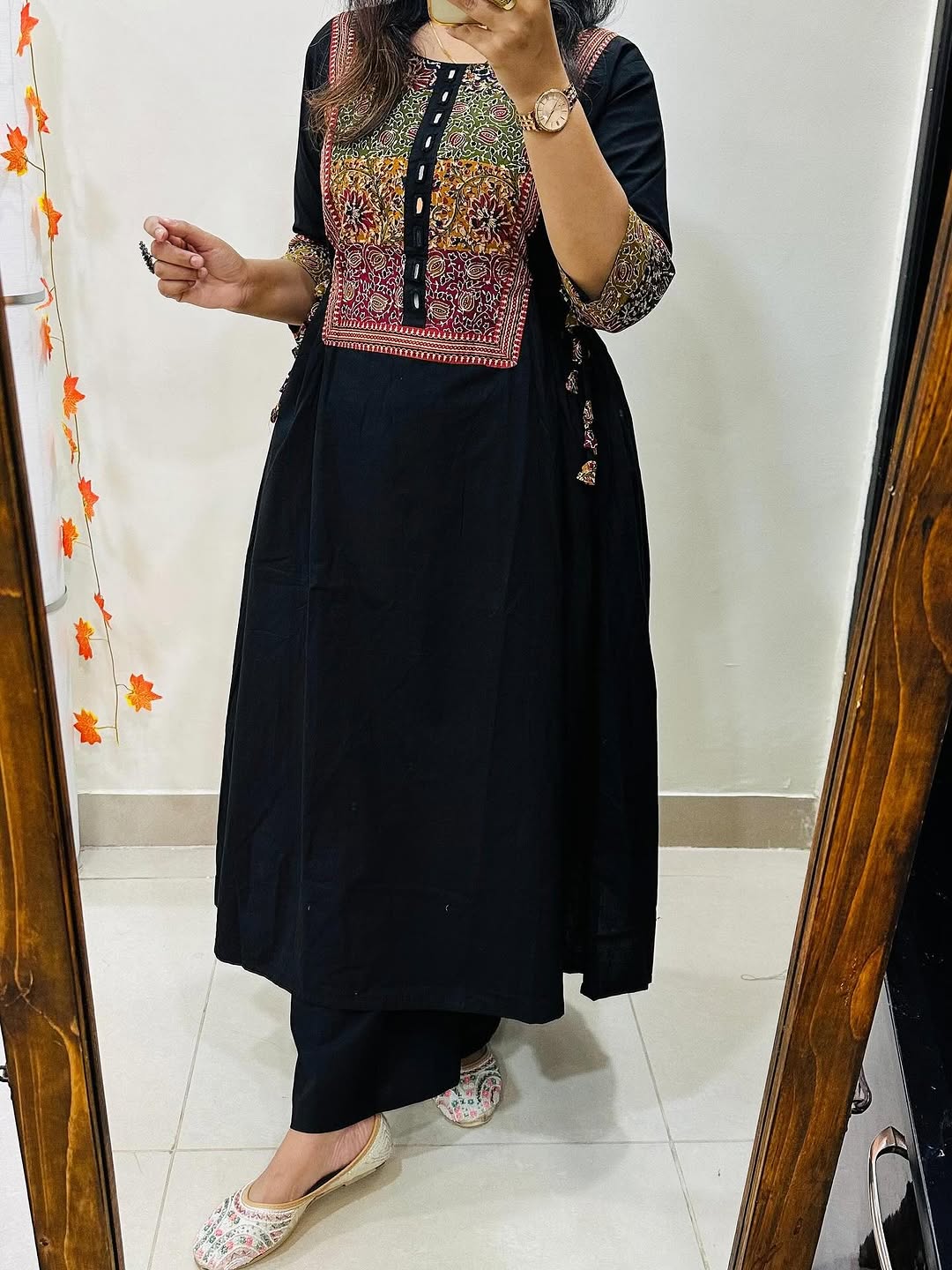 Cotton Flared Kurti Palazzo Set with Mirror Work & Tassels