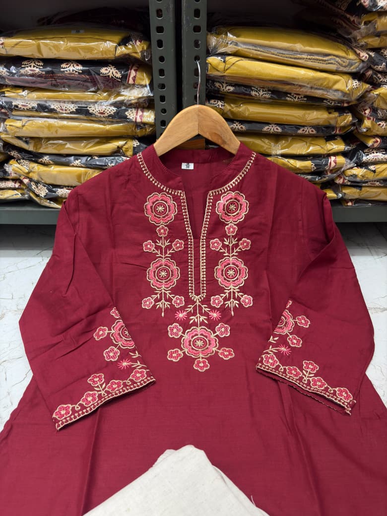 Cotton Flex Co-Ord Set with Embroidered Yoke & Sleeves