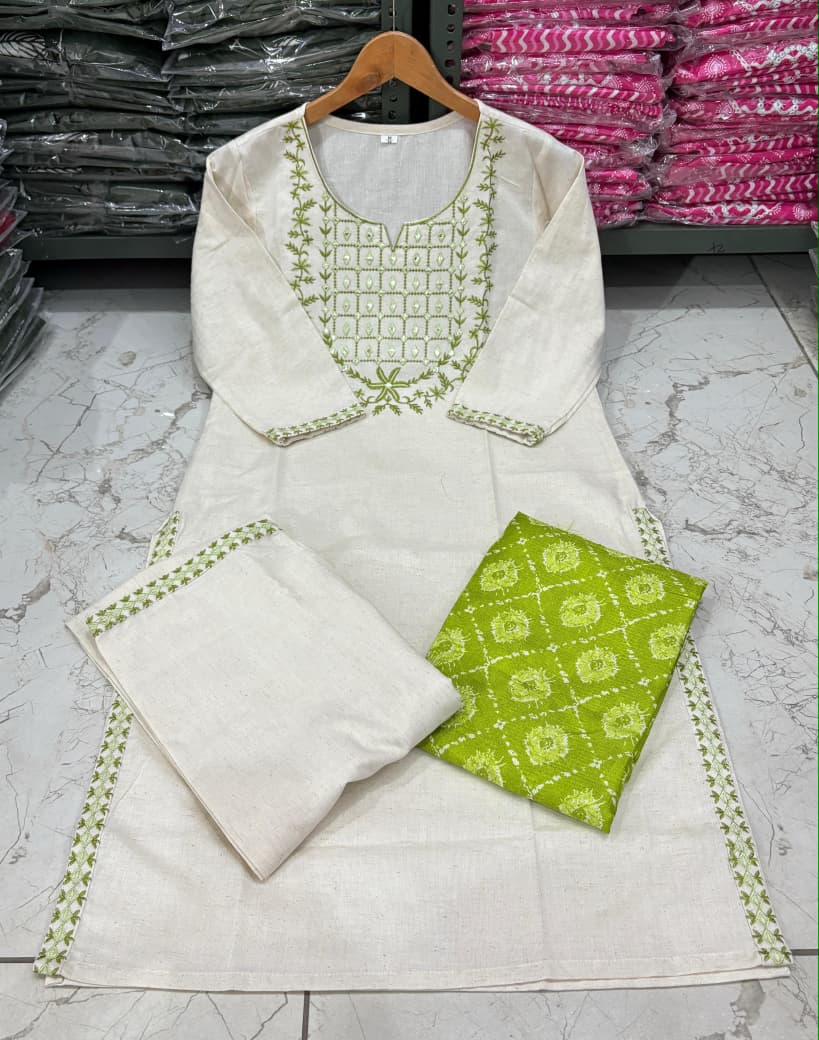 Cotton Flex Embroidered Kurta Pant Set with Silk Dupatta