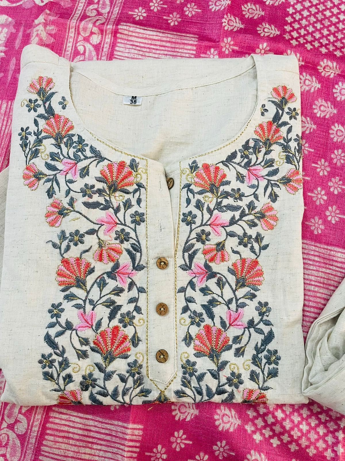 Cotton Flex Embroidered Kurta Pant Set with Silk Dupatta