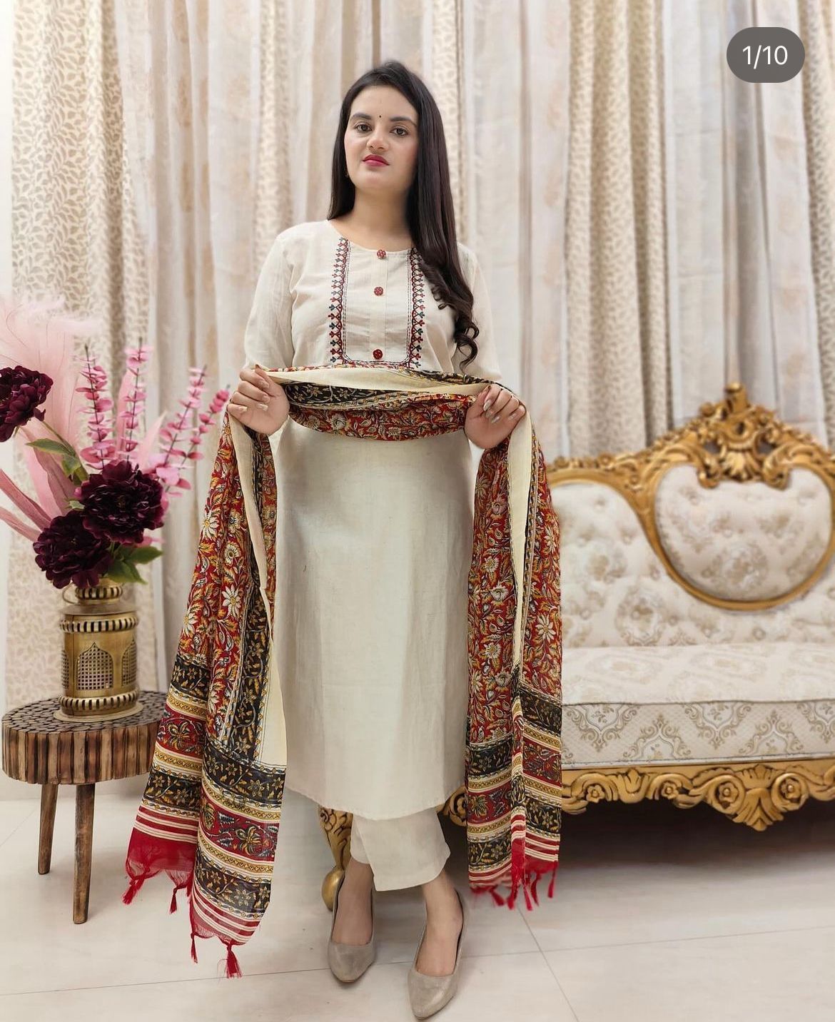 Cotton Flex Embroidered Kurti Set with Silk Chanderi Digital Dupatta