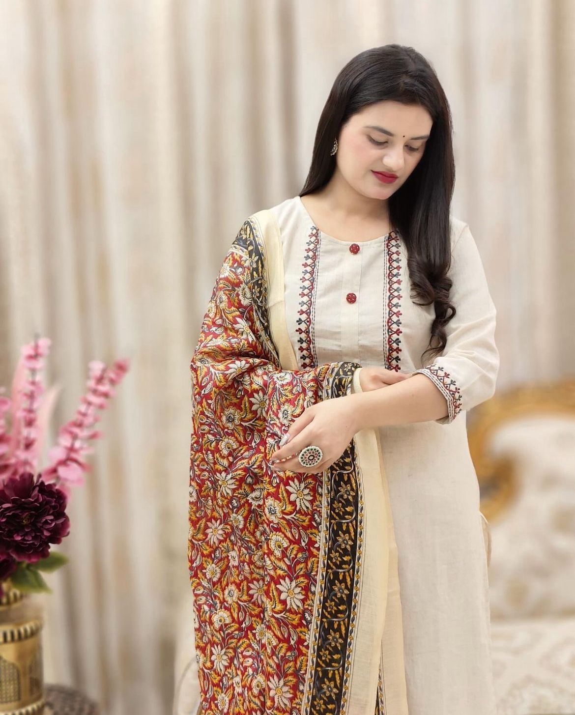 Cotton Flex Embroidered Kurti Set with Silk Chanderi Digital Dupatta