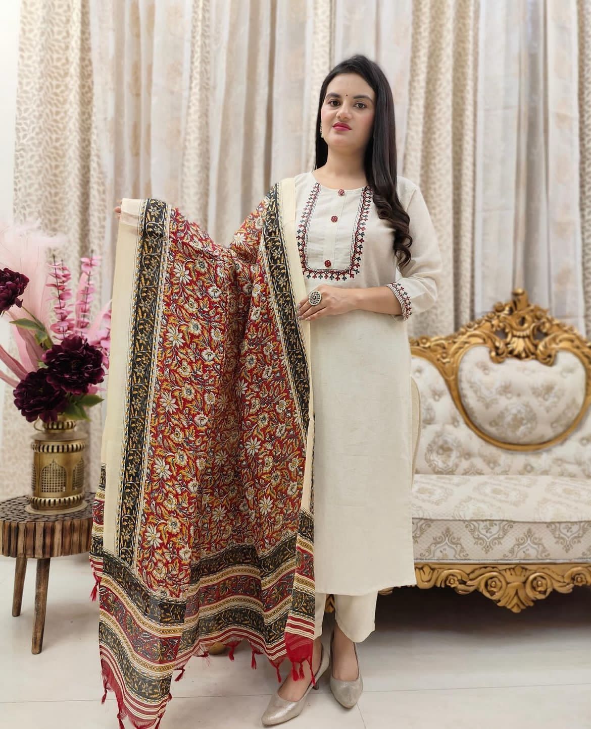 Cotton Flex Embroidered Kurti Set with Silk Chanderi Digital Dupatta