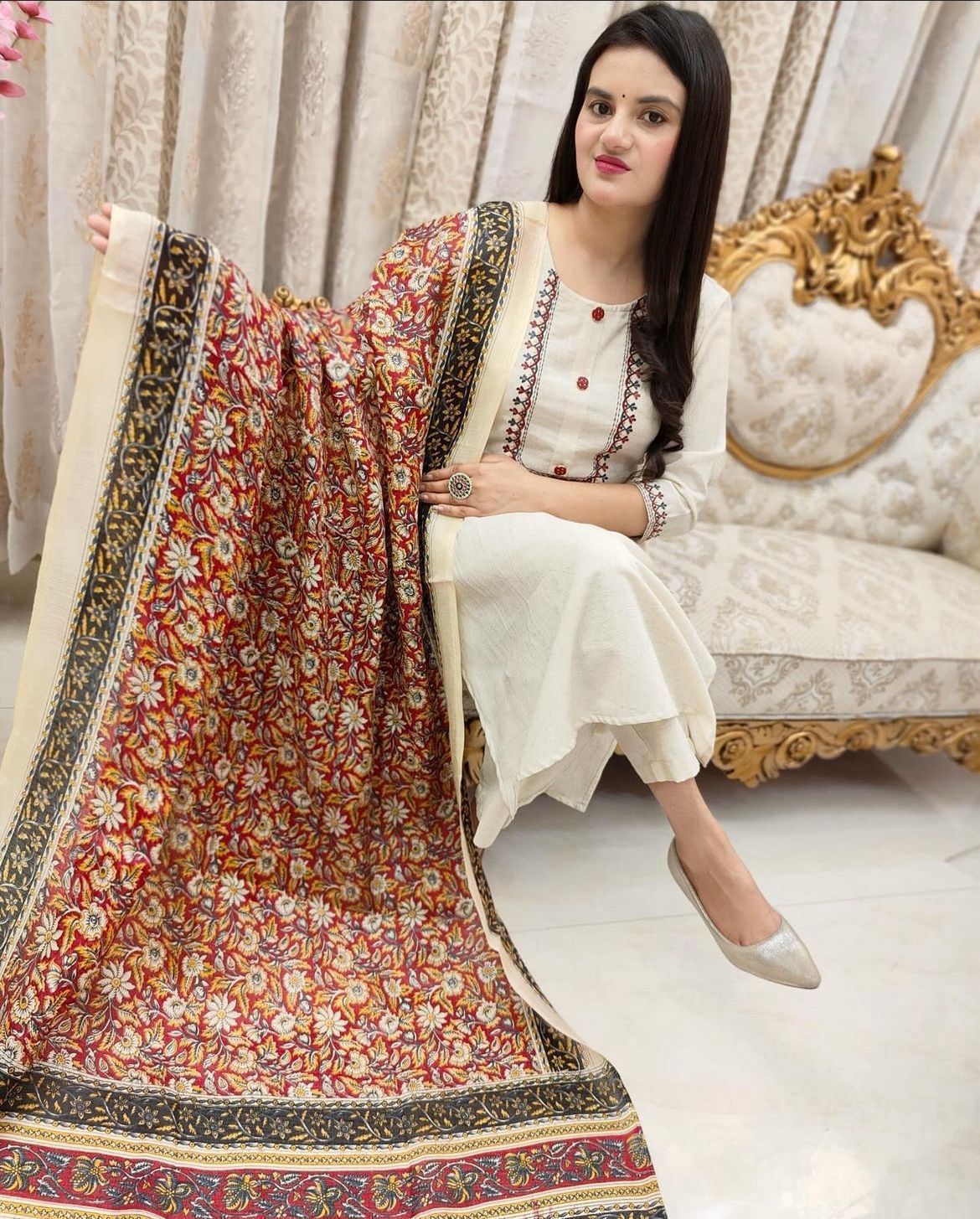 Cotton Flex Embroidered Kurti Set with Silk Chanderi Digital Dupatta
