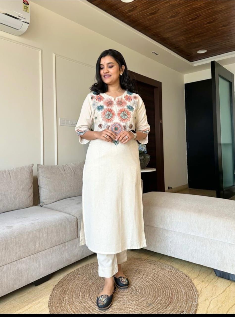 Cotton Flex Kurta Pant Set with Embroidery Work
