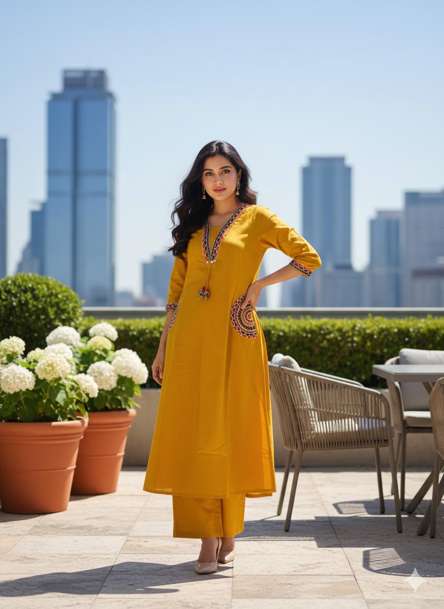 Cotton Flex Kurti with Plazo Set with Embroidery Work