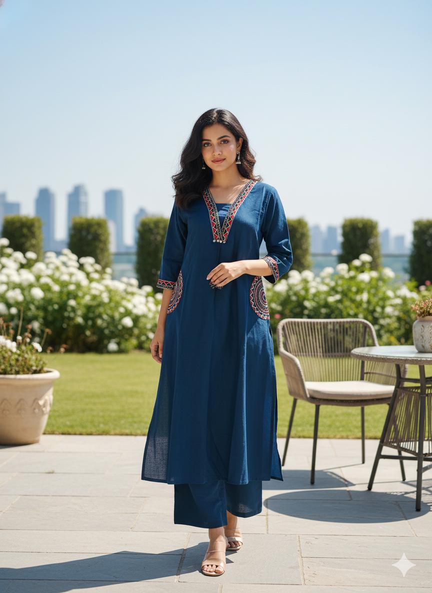 Cotton Flex Kurti with Plazo Set with Embroidery Work