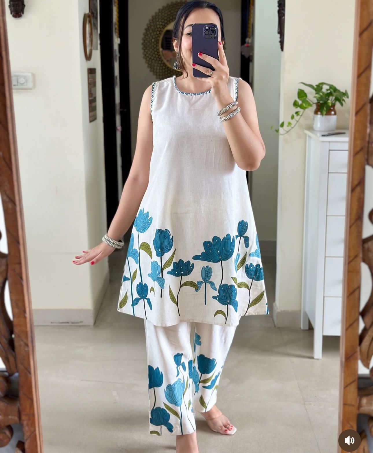 Cotton Flex Printed Kurta Set with Kantha Work & Trouser