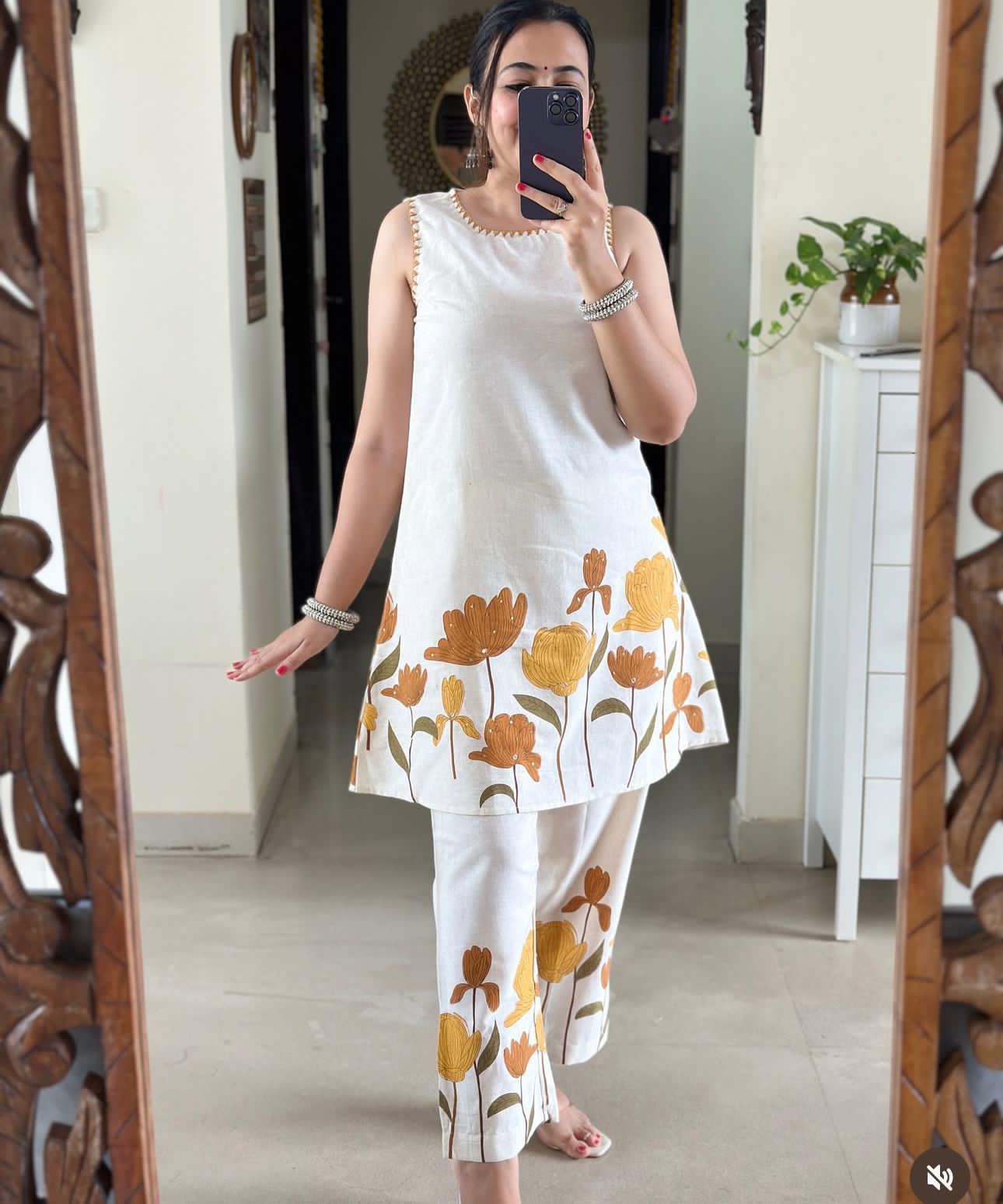 Cotton Flex Printed Kurta Set with Kantha Work & Trouser