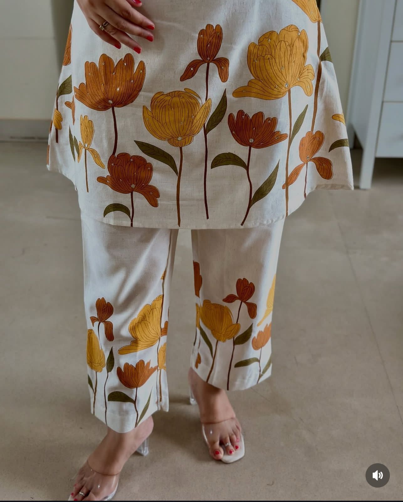 Cotton Flex Printed Kurta Set with Kantha Work & Trouser