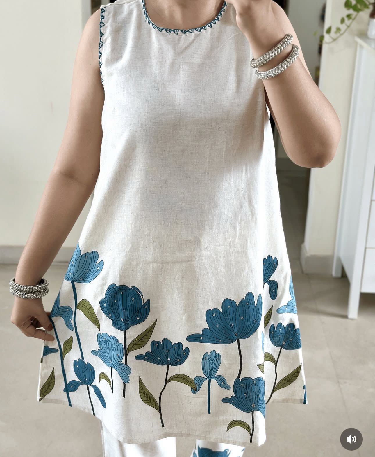 Cotton Flex Printed Kurta Set with Kantha Work & Trouser
