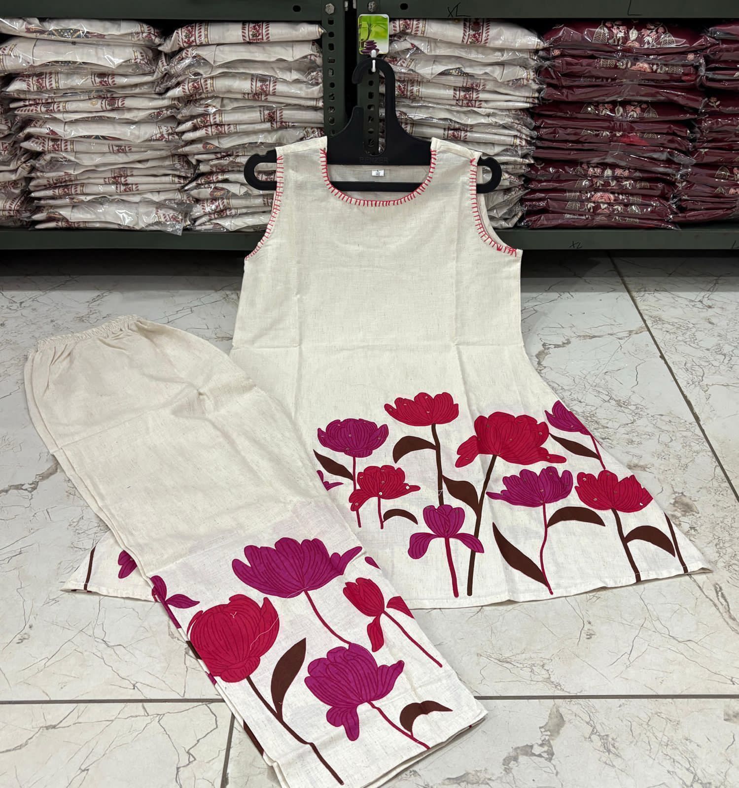 Cotton Flex Printed Kurta Set with Kantha Work & Trouser