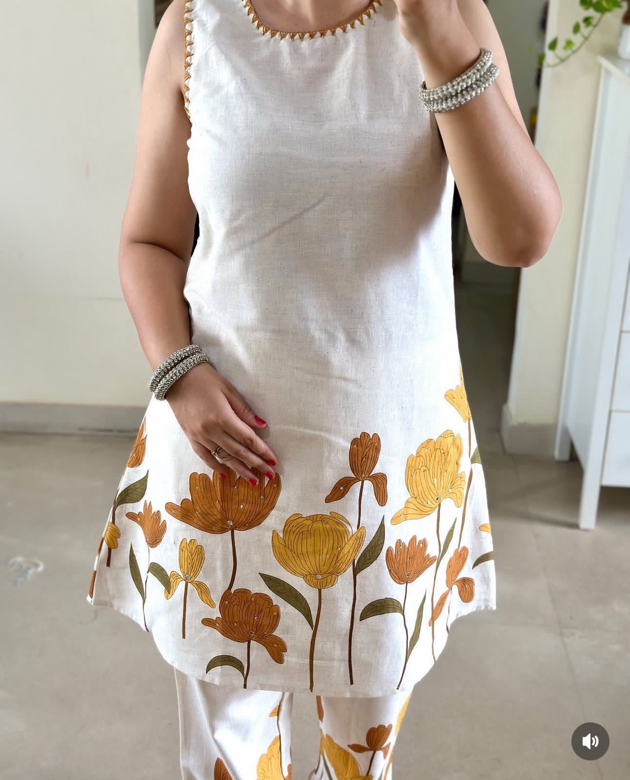 Cotton Flex Printed Kurta Set with Kantha Work & Trouser