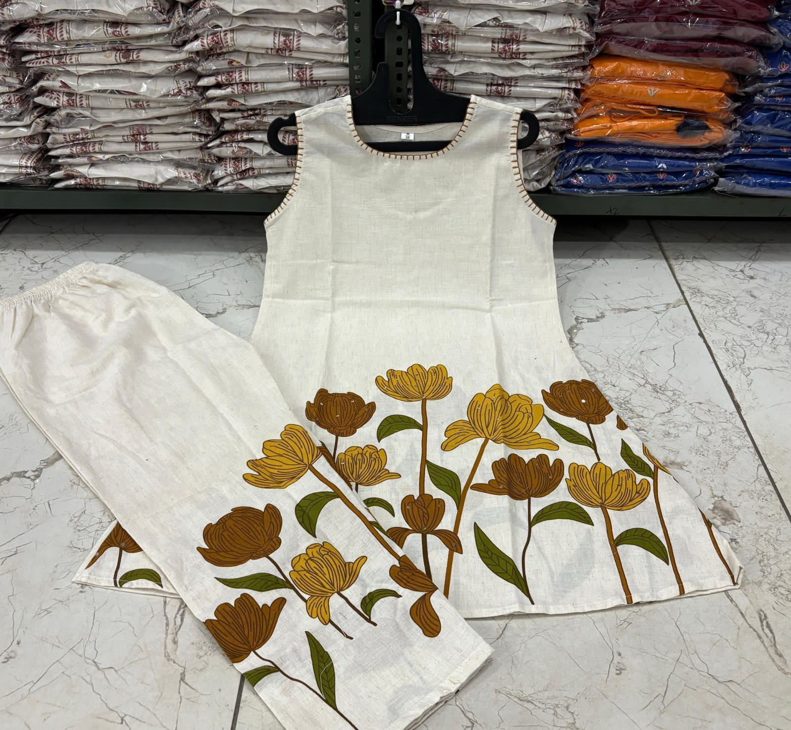 Cotton Flex Printed Kurta Set with Kantha Work & Trouser