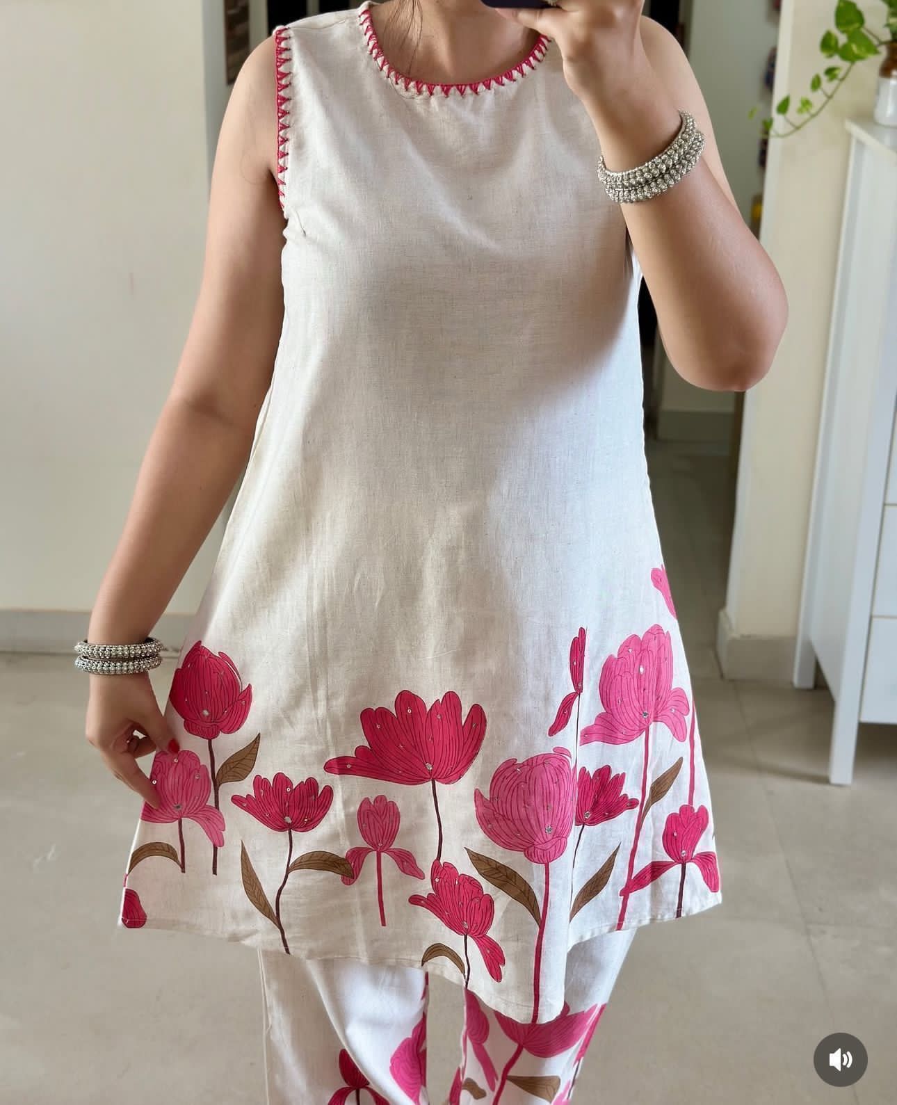 Cotton Flex Printed Kurta Set with Kantha Work & Trouser