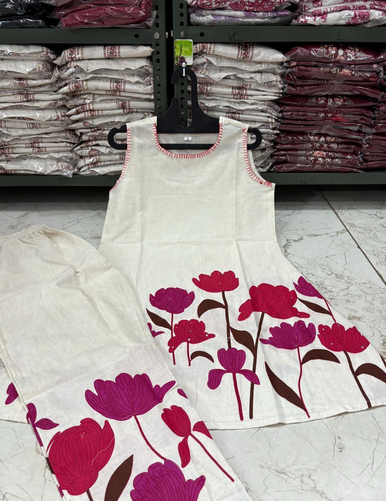 Cotton Flex Printed Kurta Set with Kantha Work & Trouser