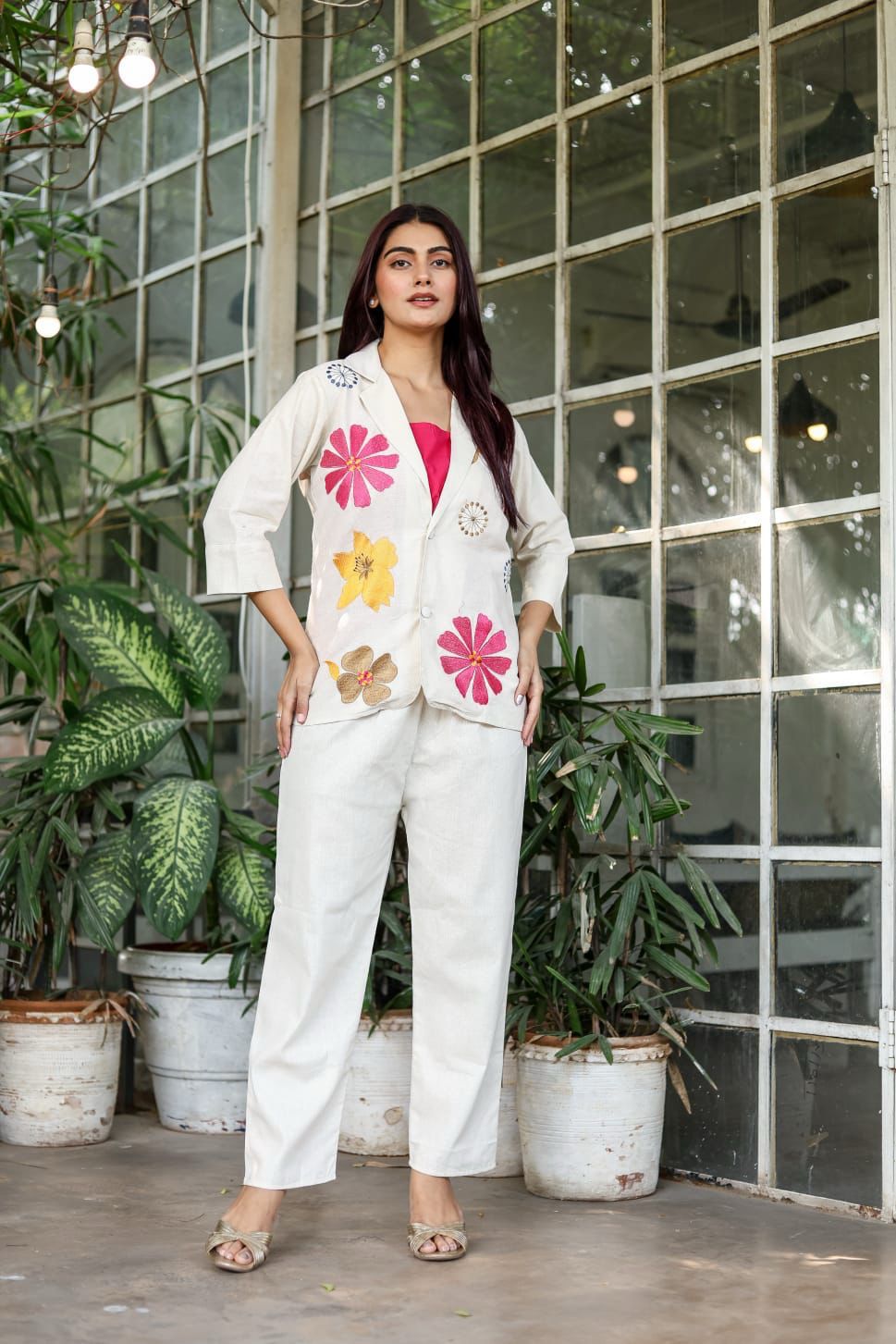 Cotton Flex Three-Piece Blazer Set with Embroidery
