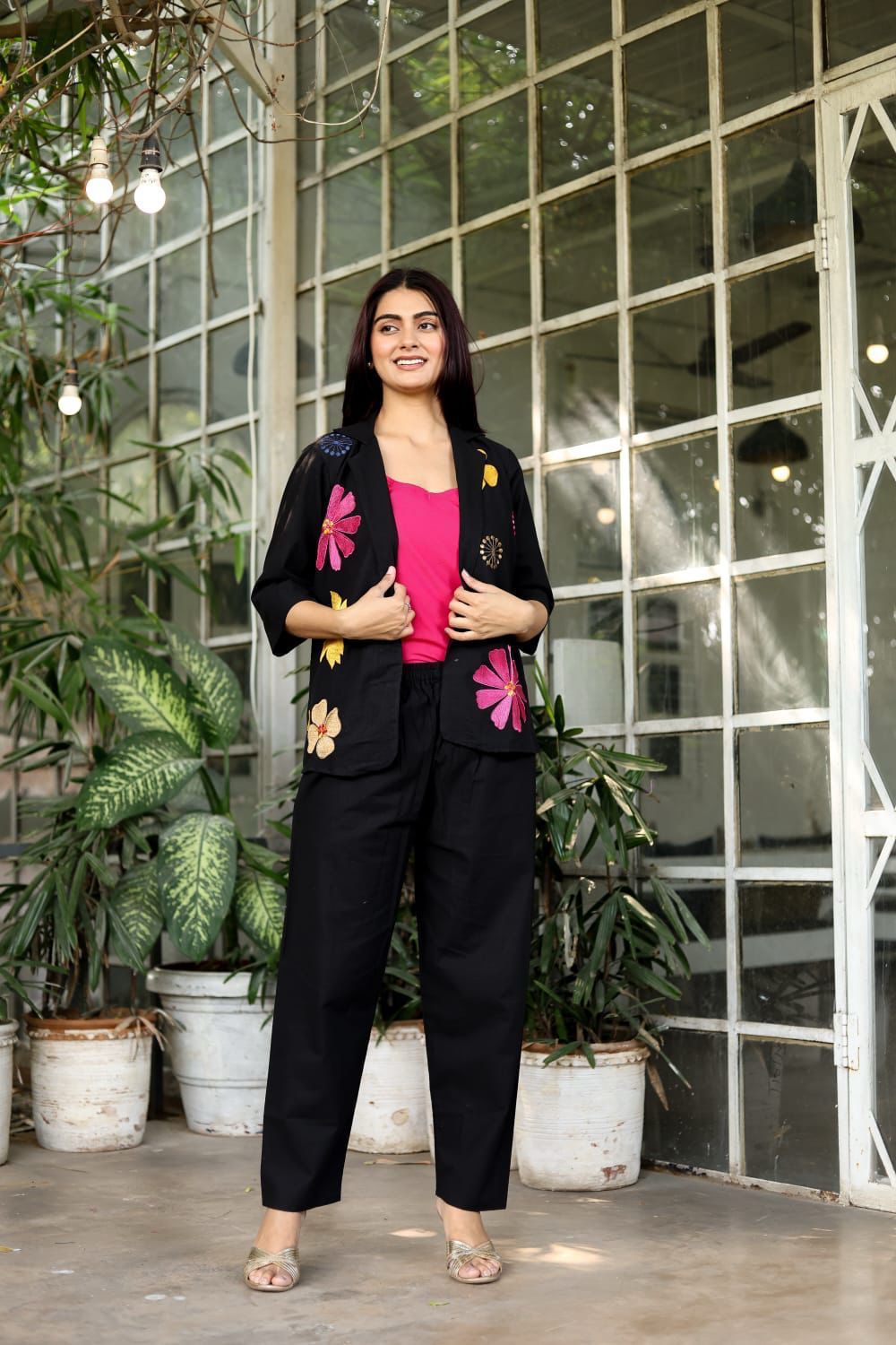 Cotton Flex Three-Piece Blazer Set with Embroidery