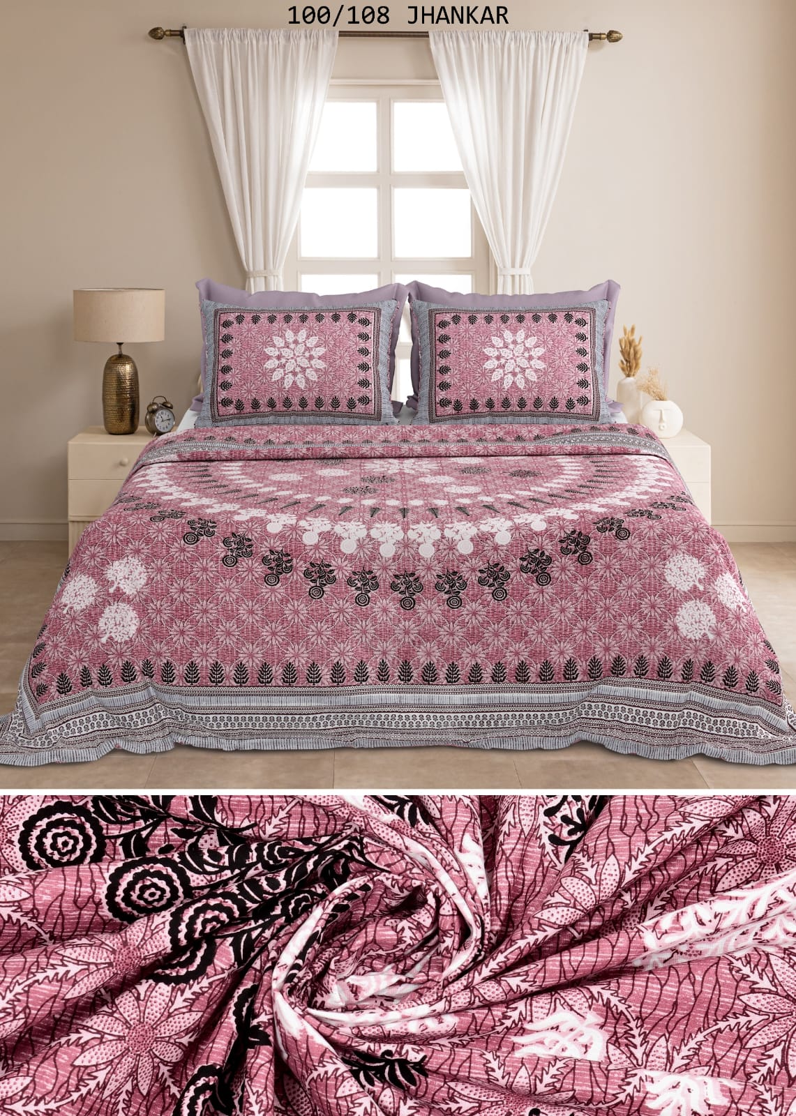 Cotton King Size Bedsheet with 2 Pillow Covers – 100x108 Inches