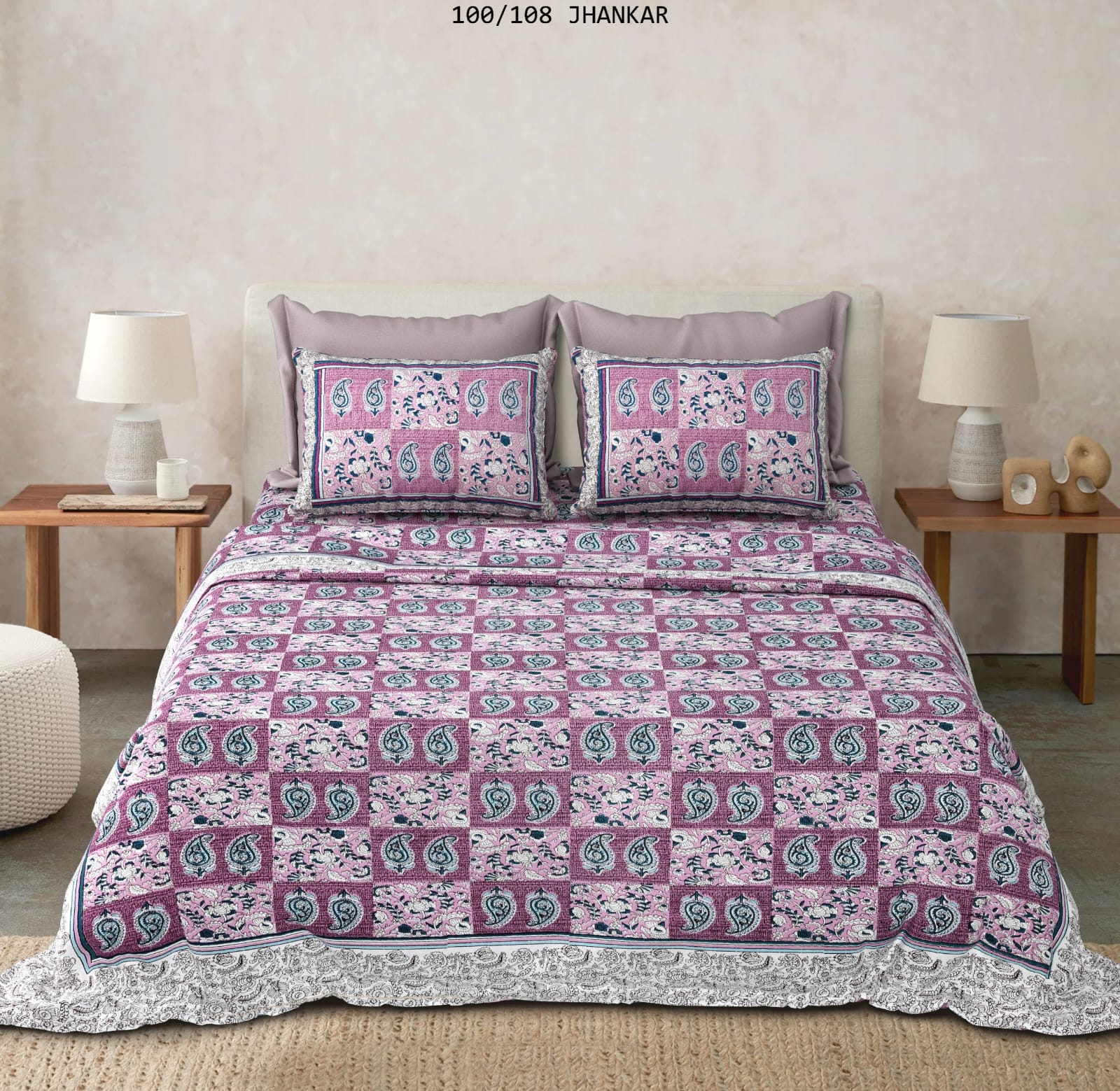 Cotton King Size Bedsheet with 2 Pillow Covers – 100x108 Inches