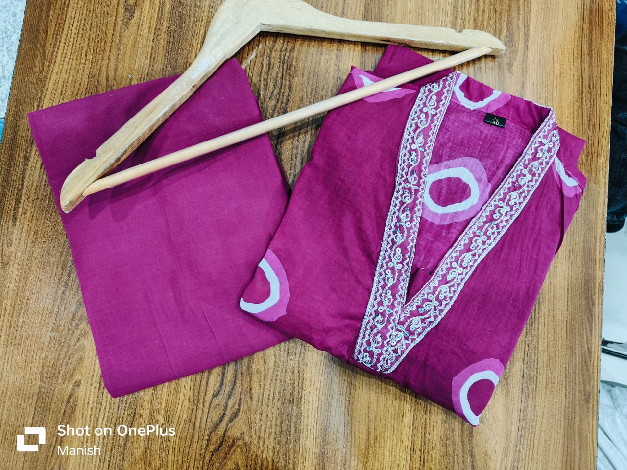 Cotton Kurta Pant Set with Neck Embroidery & Side Pocket