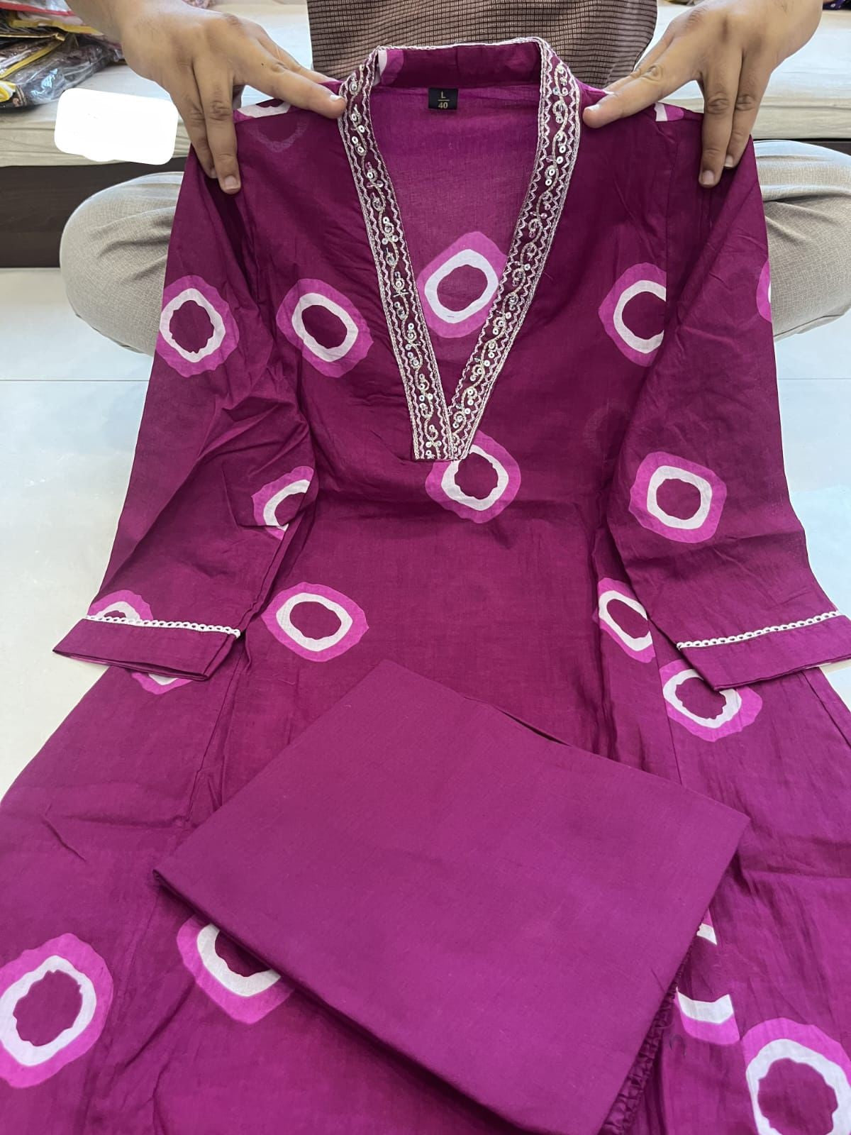 Cotton Kurta Pant Set with Neck Embroidery & Side Pocket