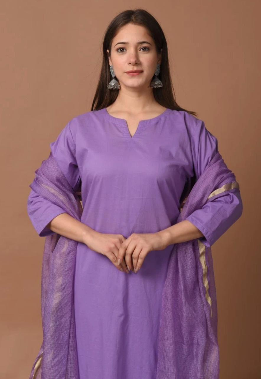 Cotton Kurti Pant Dupatta Set for Women | Fully Stitched