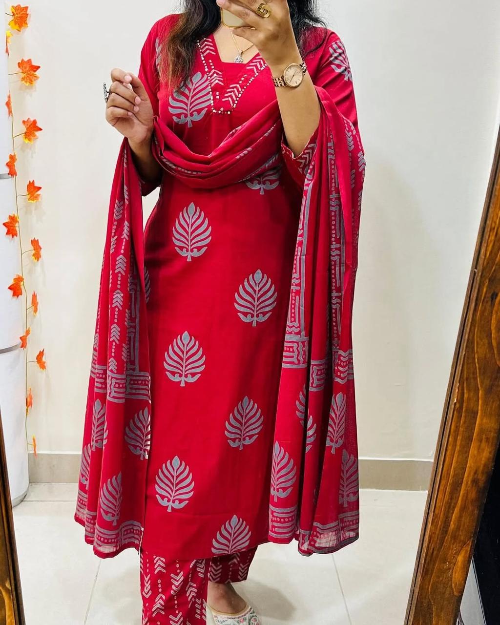 Cotton Kurti Pant Set with Dupatta - Sequence Neckline - Fully Stitched
