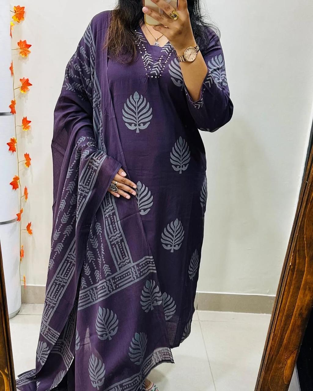 Cotton Kurti Pant Set with Dupatta - Sequence Neckline - Fully Stitched