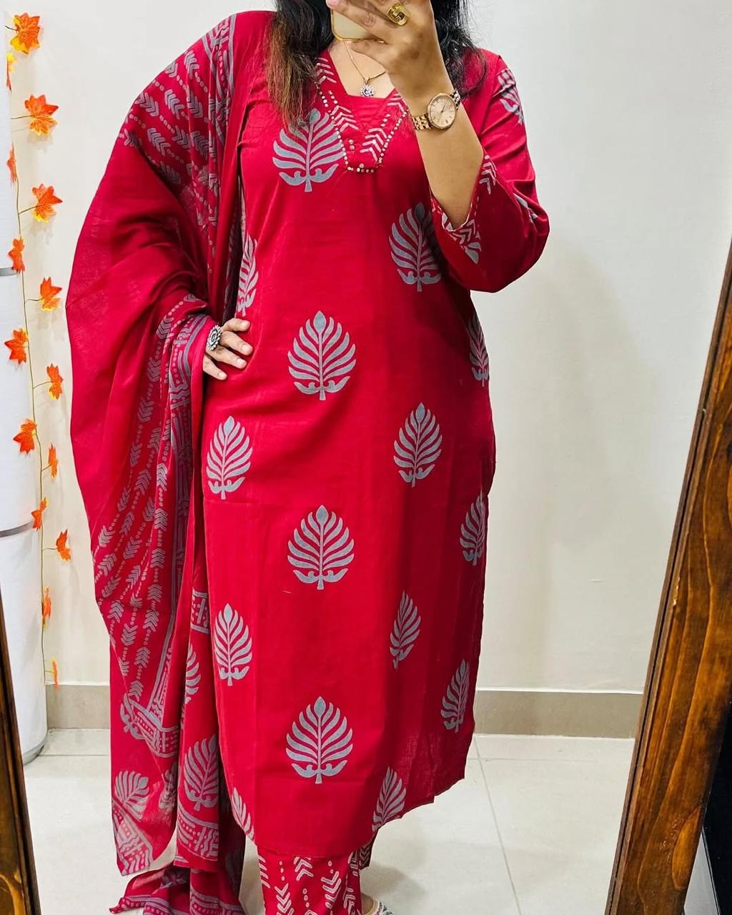 Cotton Kurti Pant Set with Dupatta - Sequence Neckline - Fully Stitched