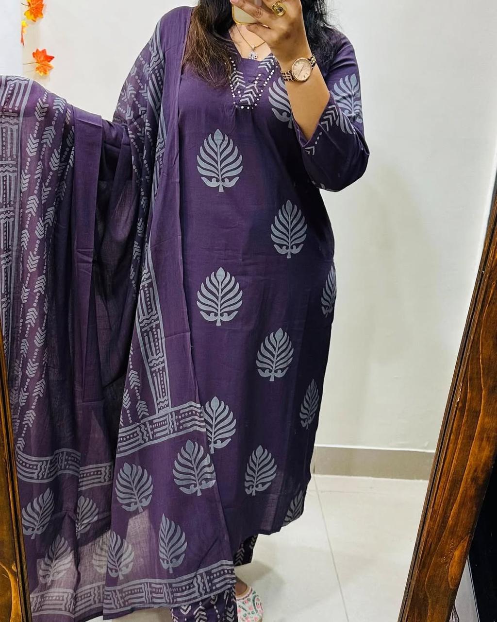 Cotton Kurti Pant Set with Dupatta - Sequence Neckline - Fully Stitched