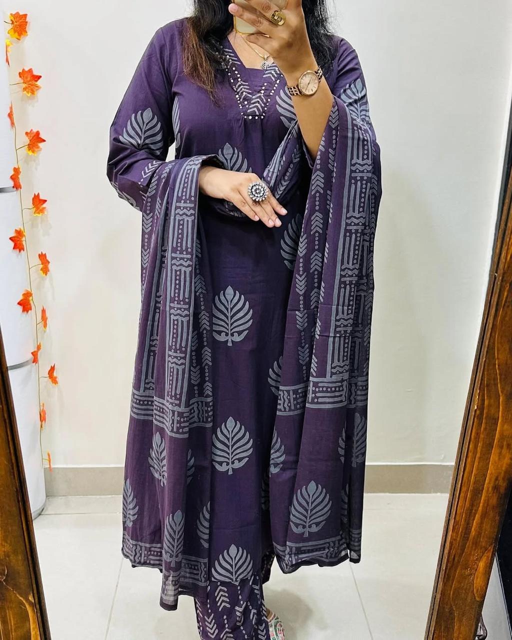 Cotton Kurti Pant Set with Dupatta - Sequence Neckline - Fully Stitched
