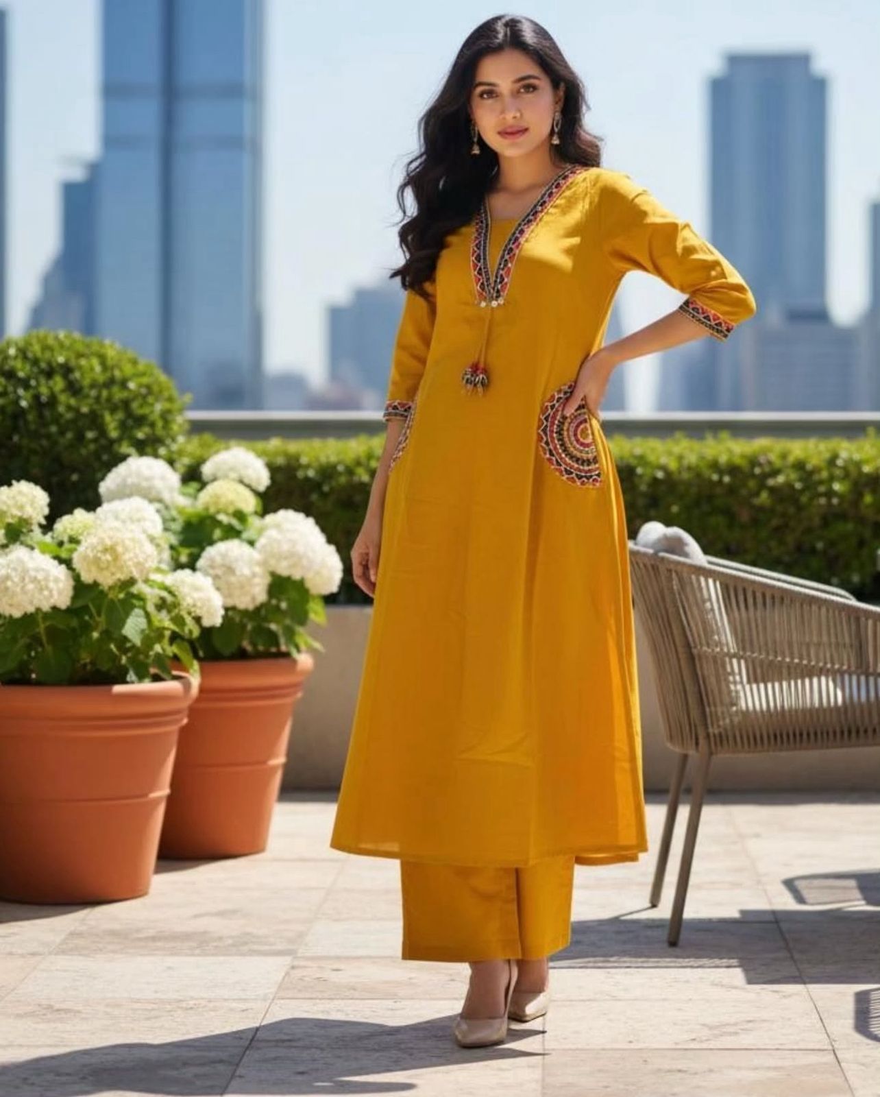 Cotton Kurti Pant Set with Embroidered Pockets