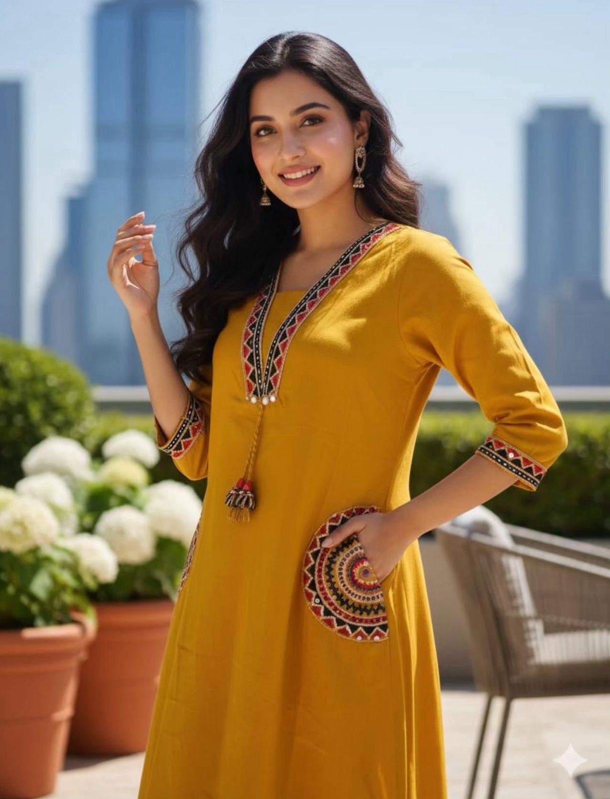 Cotton Kurti Pant Set with Embroidered Pockets