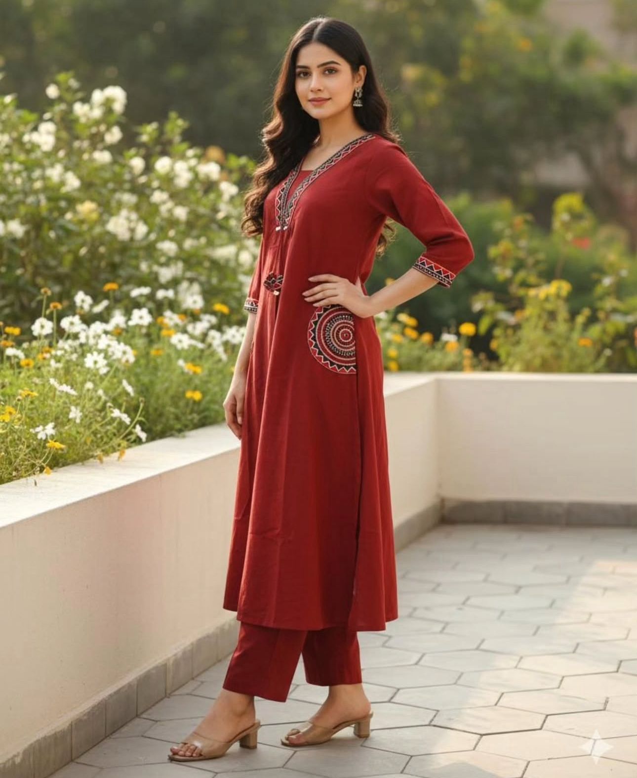 Cotton Kurti Pant Set with Embroidered Pockets