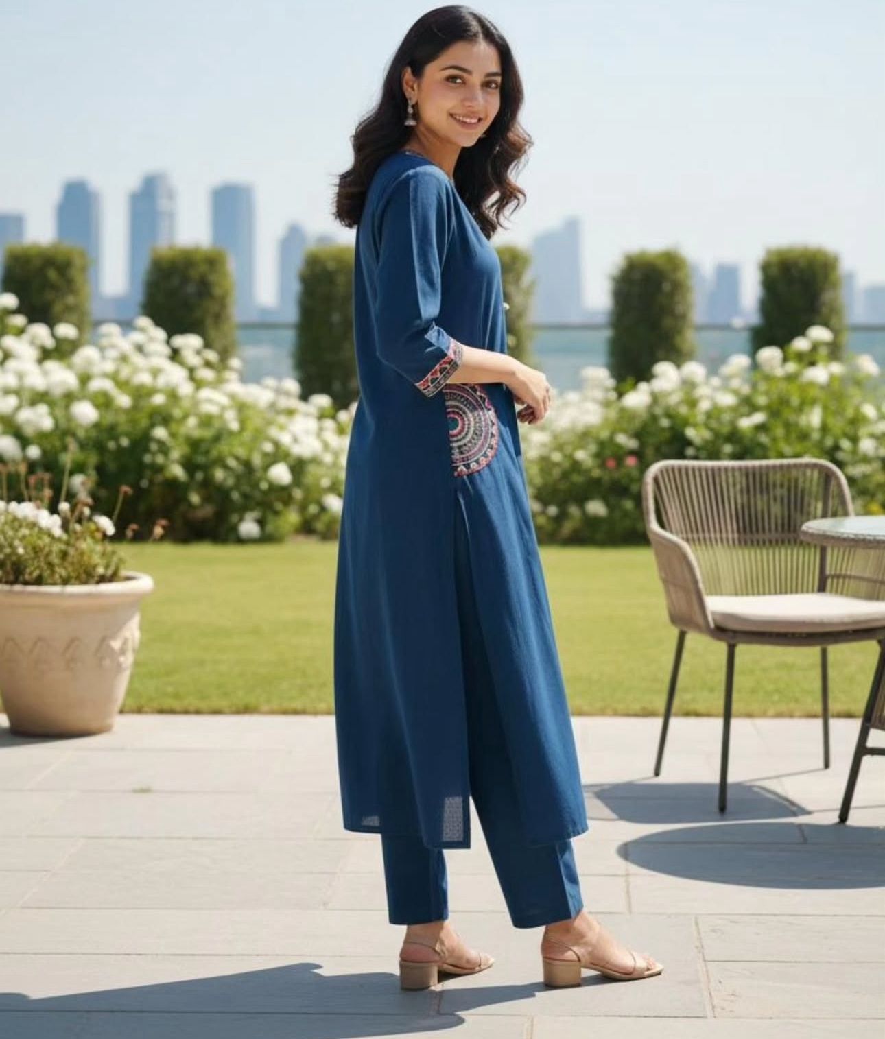 Cotton Kurti Pant Set with Embroidered Pockets