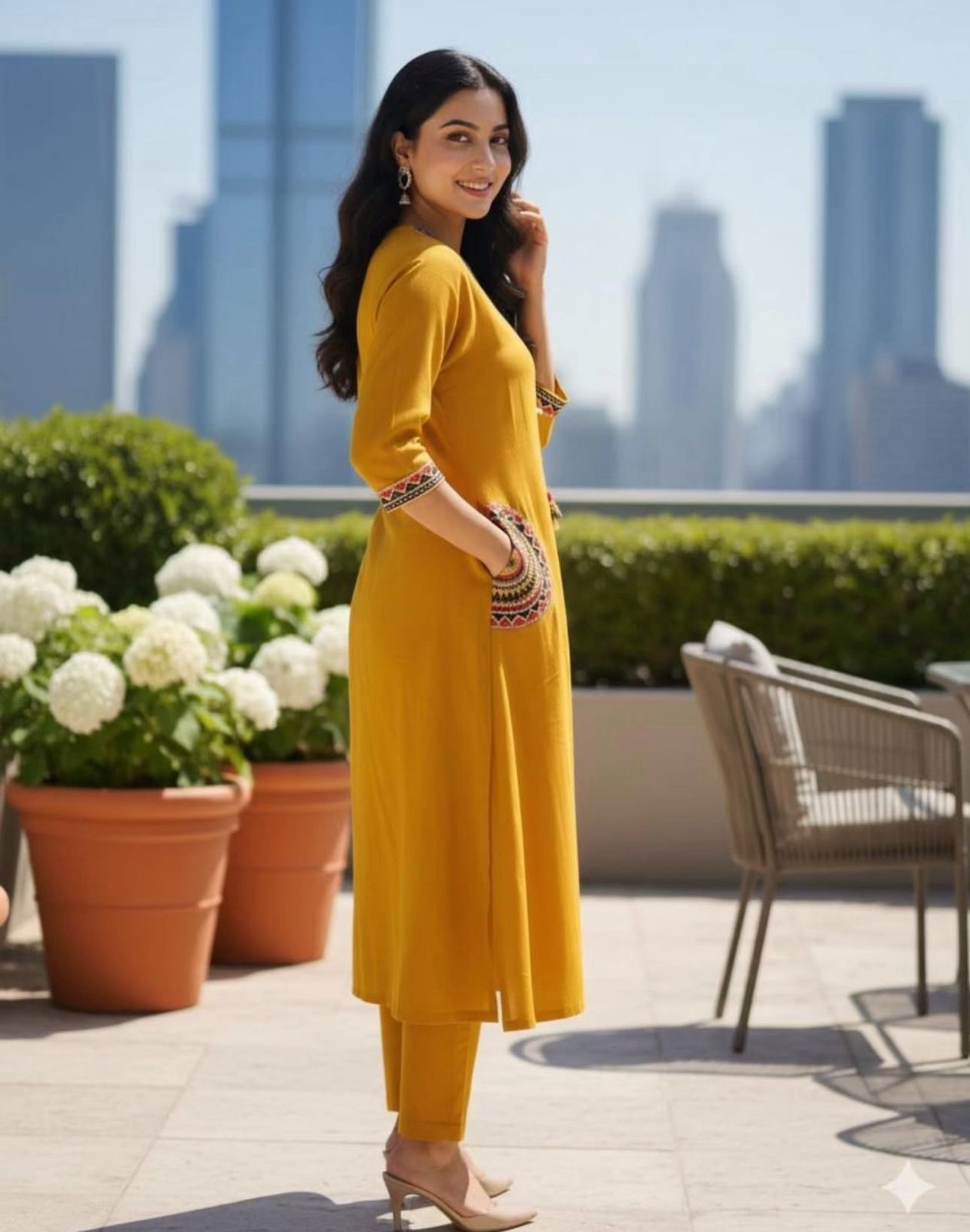 Cotton Kurti Pant Set with Embroidered Pockets