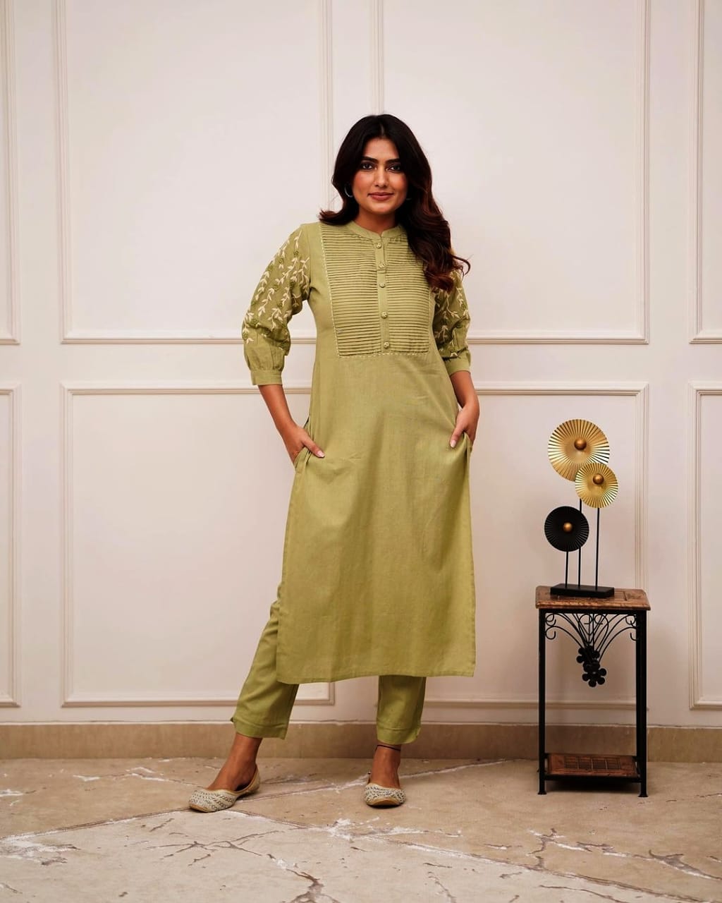Cotton Kurti Pant Set with Embroidery & Pintex
