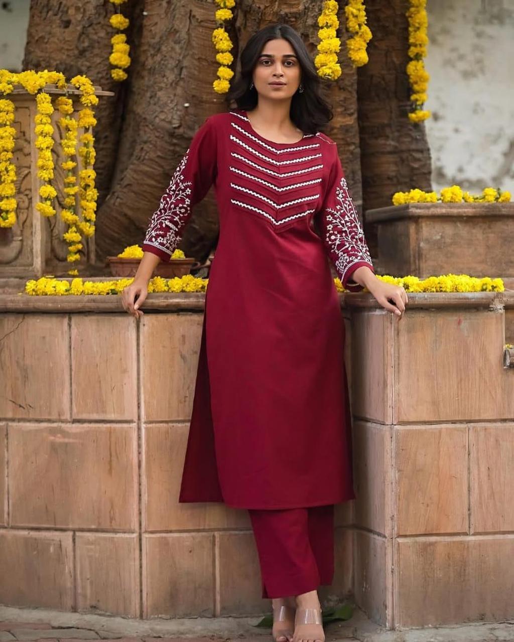 Cotton Kurti Pant Set with Embroidery