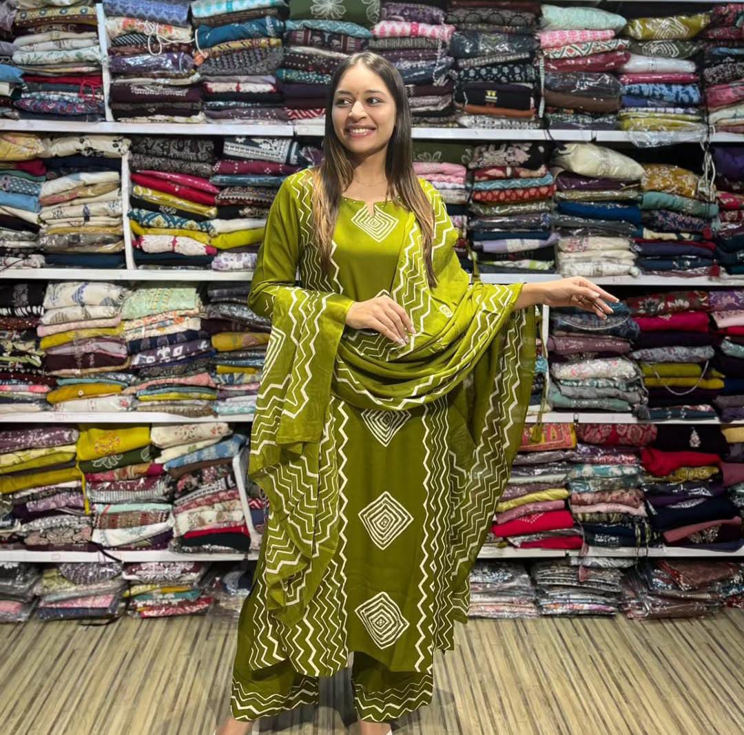 Cotton Kurti Pant Set with Neck Work & Dupatta