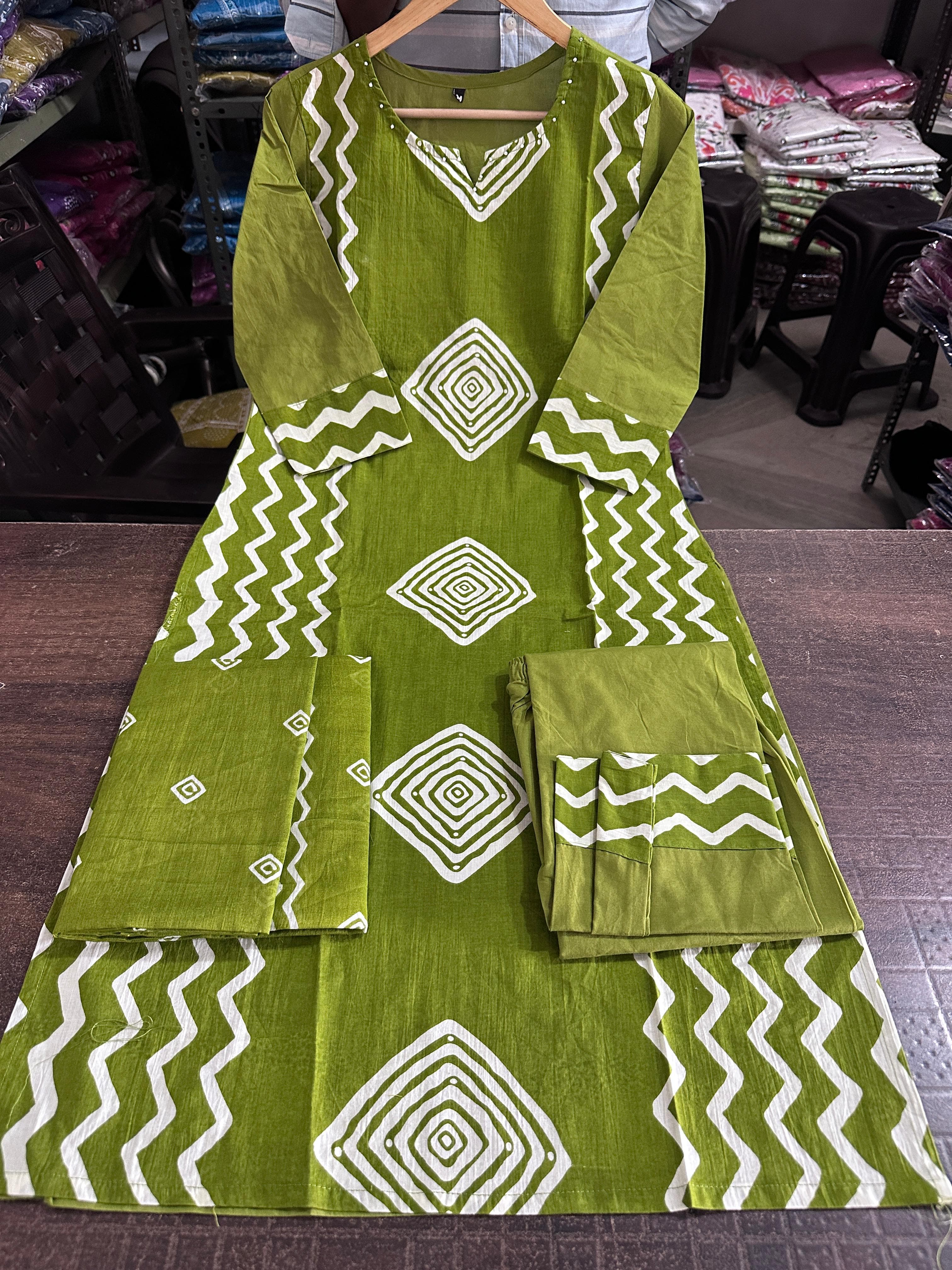Cotton Kurti Pant Set with Neck Work & Dupatta