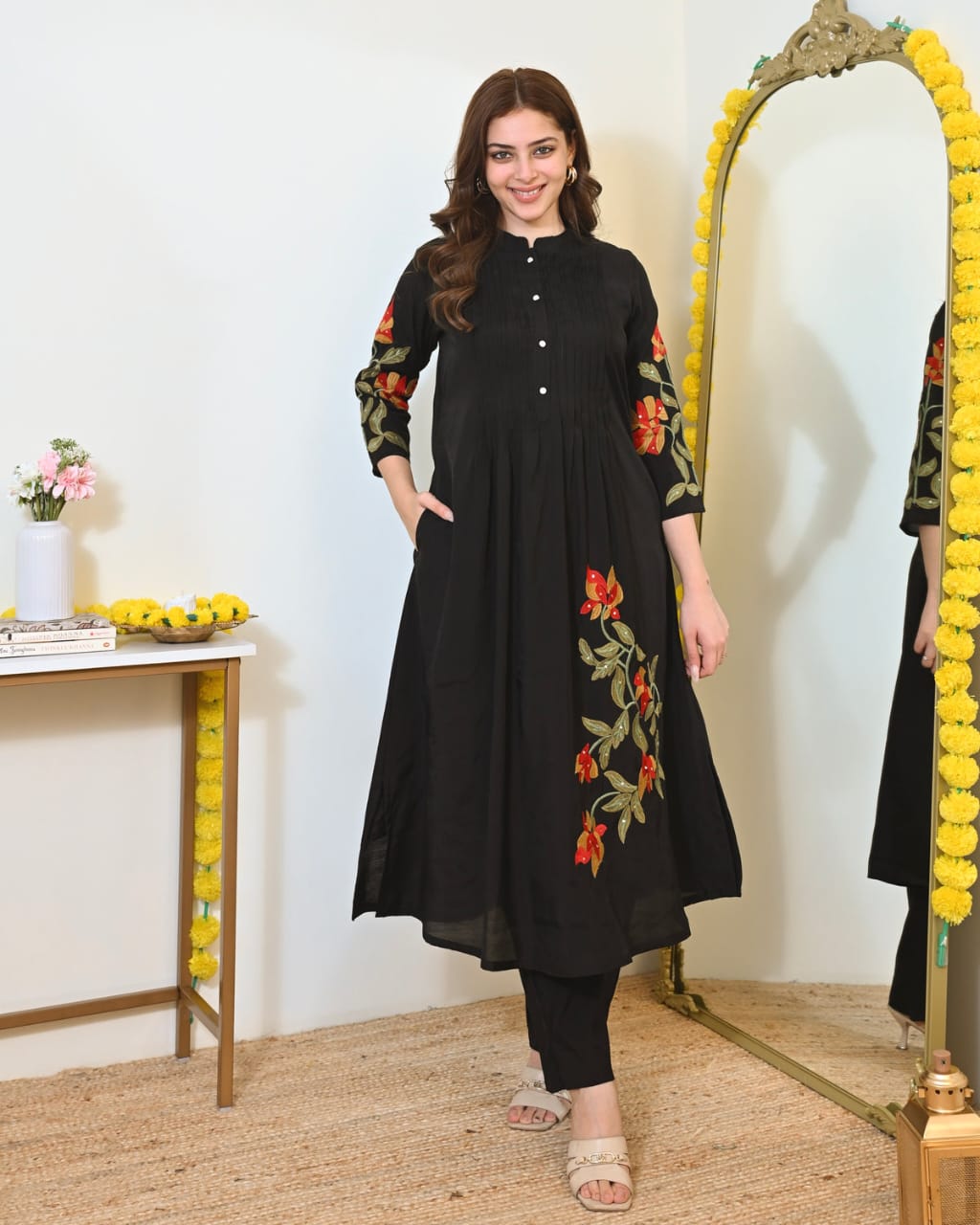 Cotton Kurti Pant Set with One Side Pocket & Embroidery Work