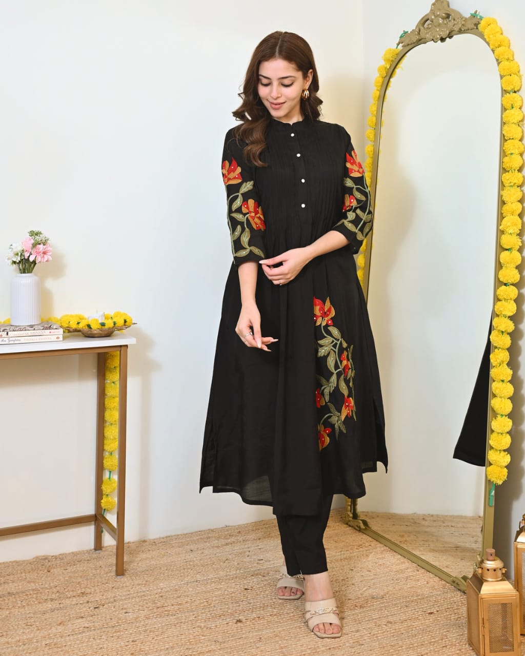 Cotton Kurti Pant Set with One Side Pocket & Embroidery Work