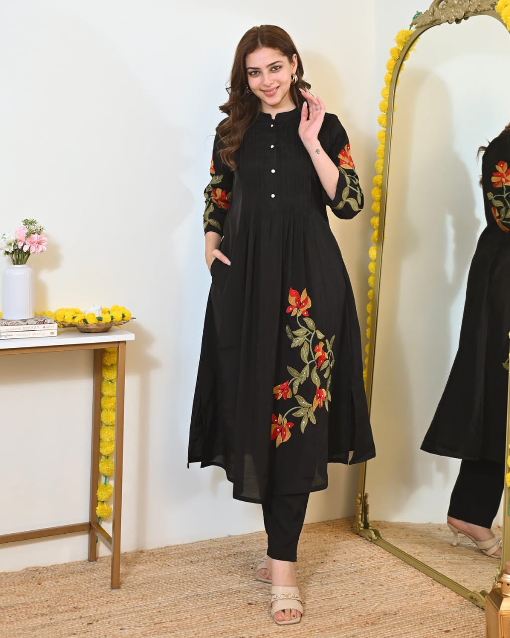 Cotton Kurti Pant Set with One Side Pocket & Embroidery Work