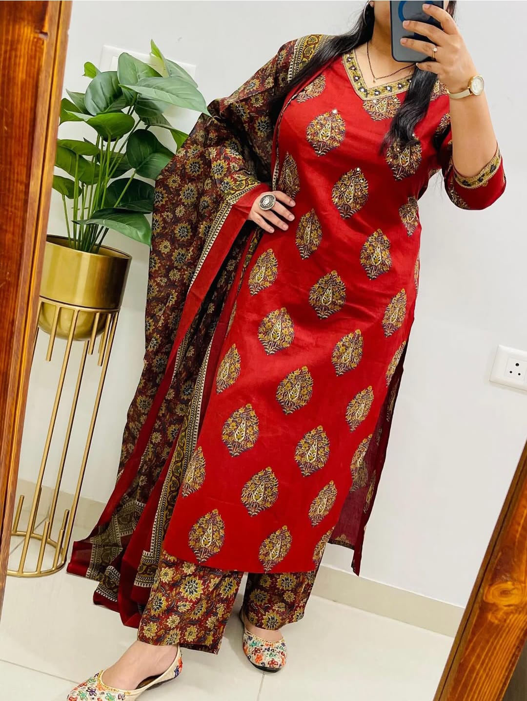 Cotton Kurti Pant Set with Sequin Work Dupatta for Women