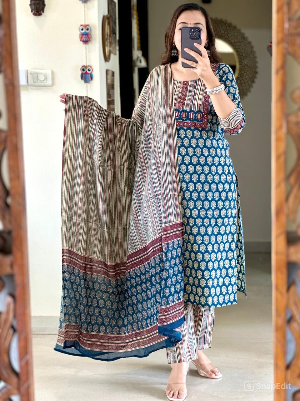 Cotton Kurti Set with Pant & Dupatta | Mirror Work | Fully Stitched