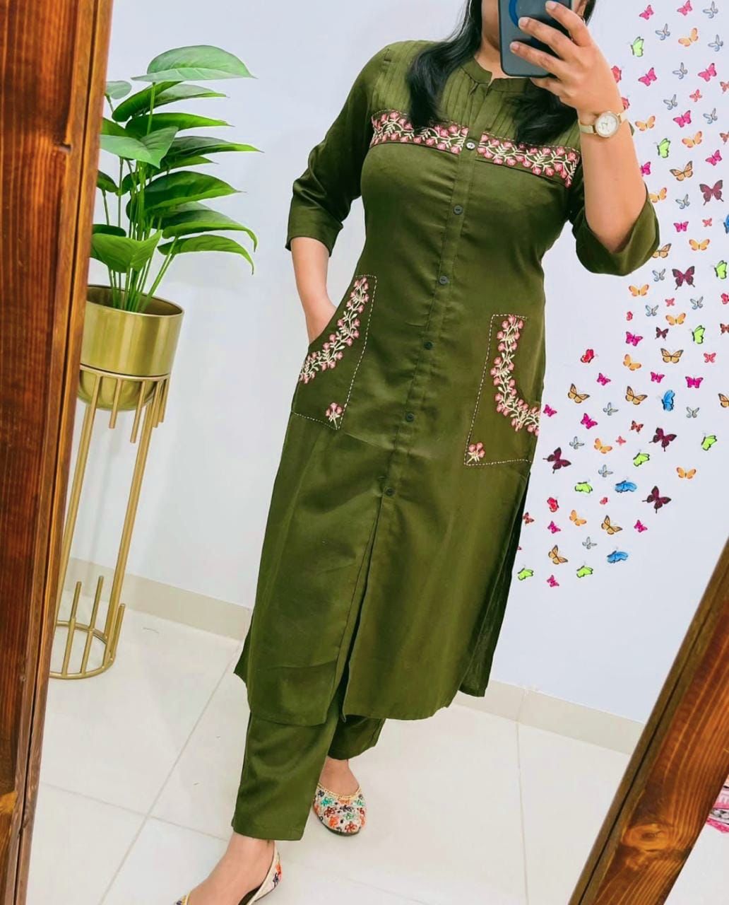 Cotton Kurti with Embroidery & Pant | Pocket Style Kurti Set