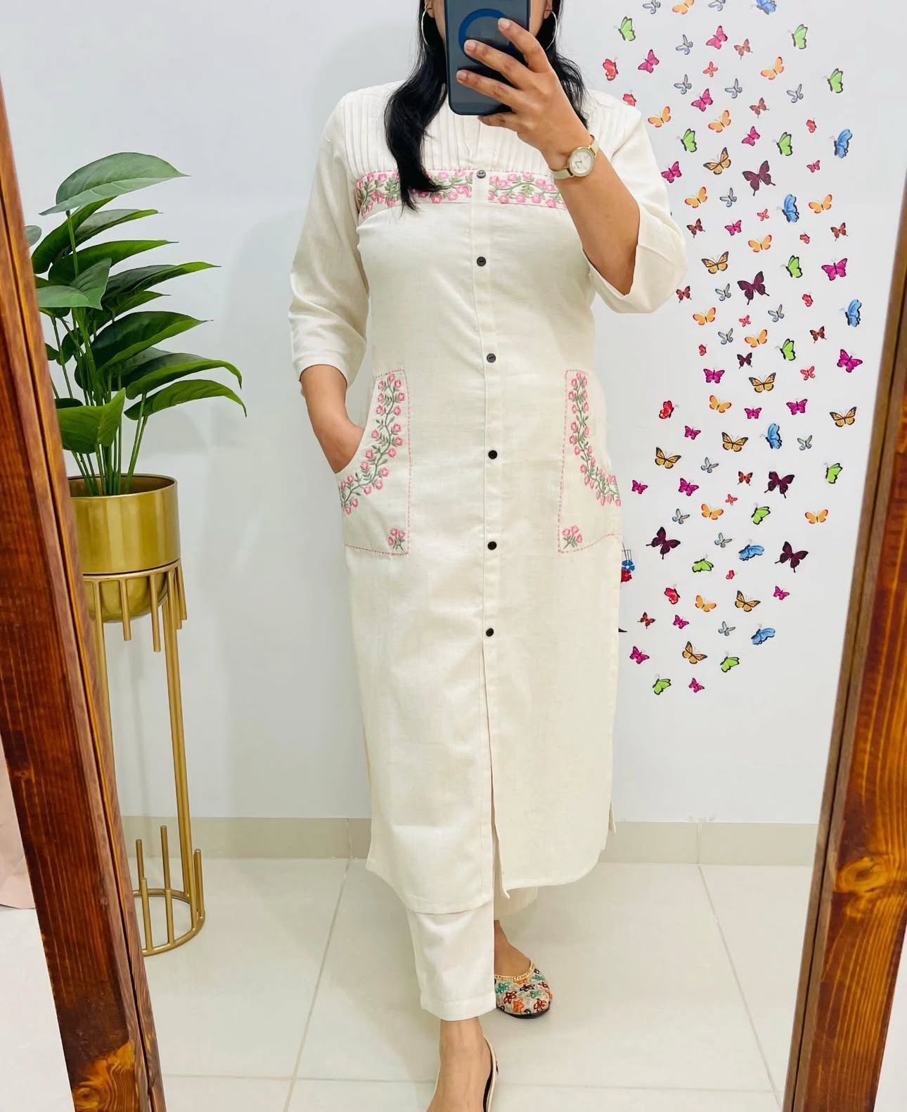 Cotton Kurti with Embroidery & Pant | Pocket Style Kurti Set